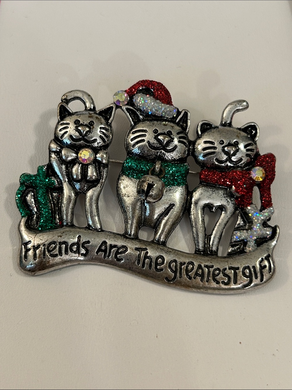 Holiday Cat Friends Brooch in Silver with Red and Green Accents